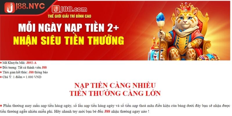 Khuyến mãi J88 2 Khuyến mãi J88 nạp lại ưu đãi không ngừng nghỉ